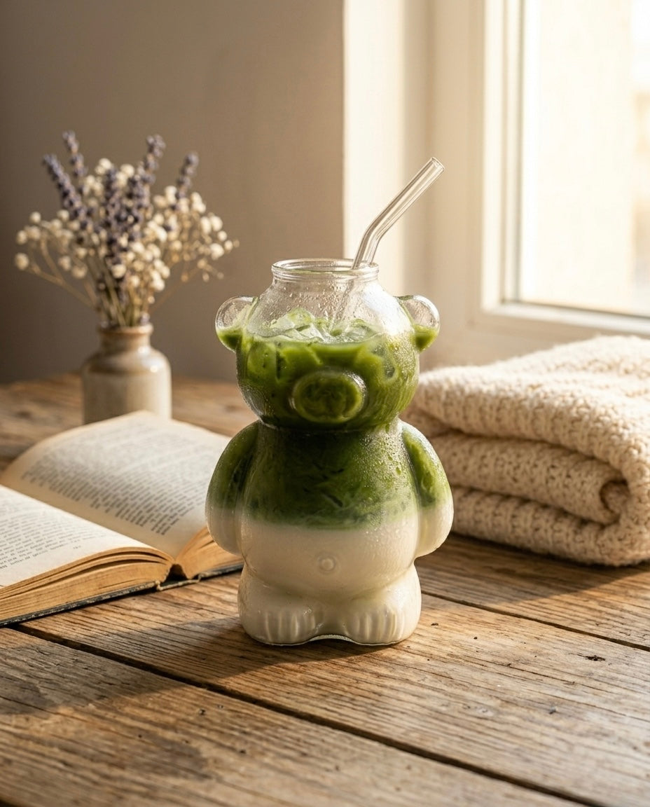MATCHA BEAR GLASS AESTHETIC ICED MATCHA CUP